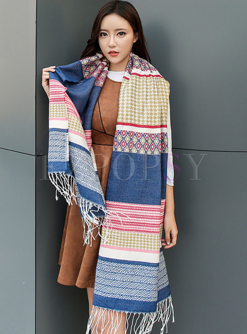 Color-blocked Plaid Faux Cashmere Fringed Scarf