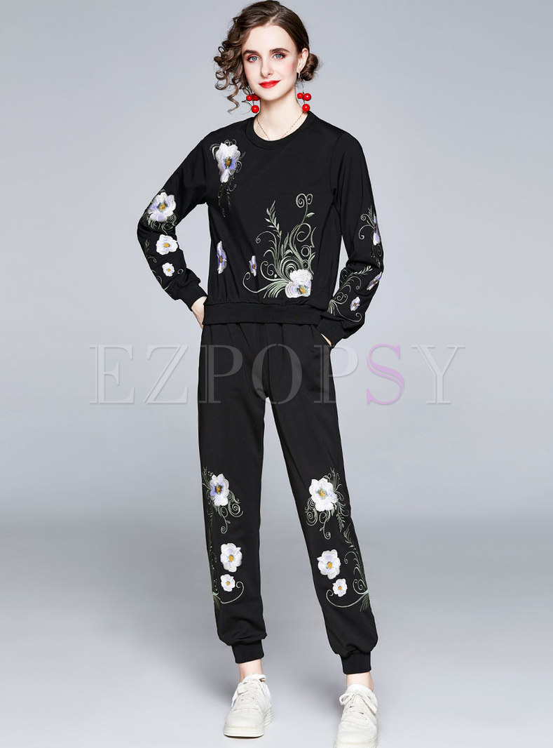 Embroidered Pullover Sweatshirt Pant Suits