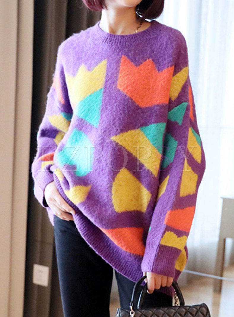 Color-blocked Crew Neck Pullover Loose Sweater