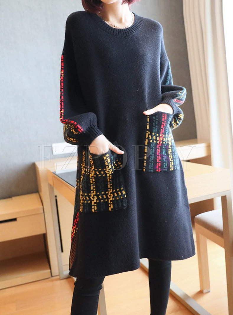 Color-blocked Patchwork Shift Sweater Dress