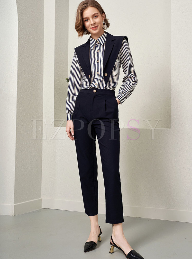 Striped Patchwork High Waisted Pant Suits