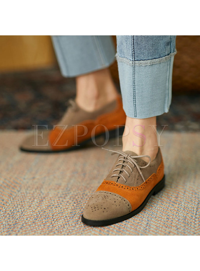 Rounded Toe Openwork Color-blocked Lace-up Shoes