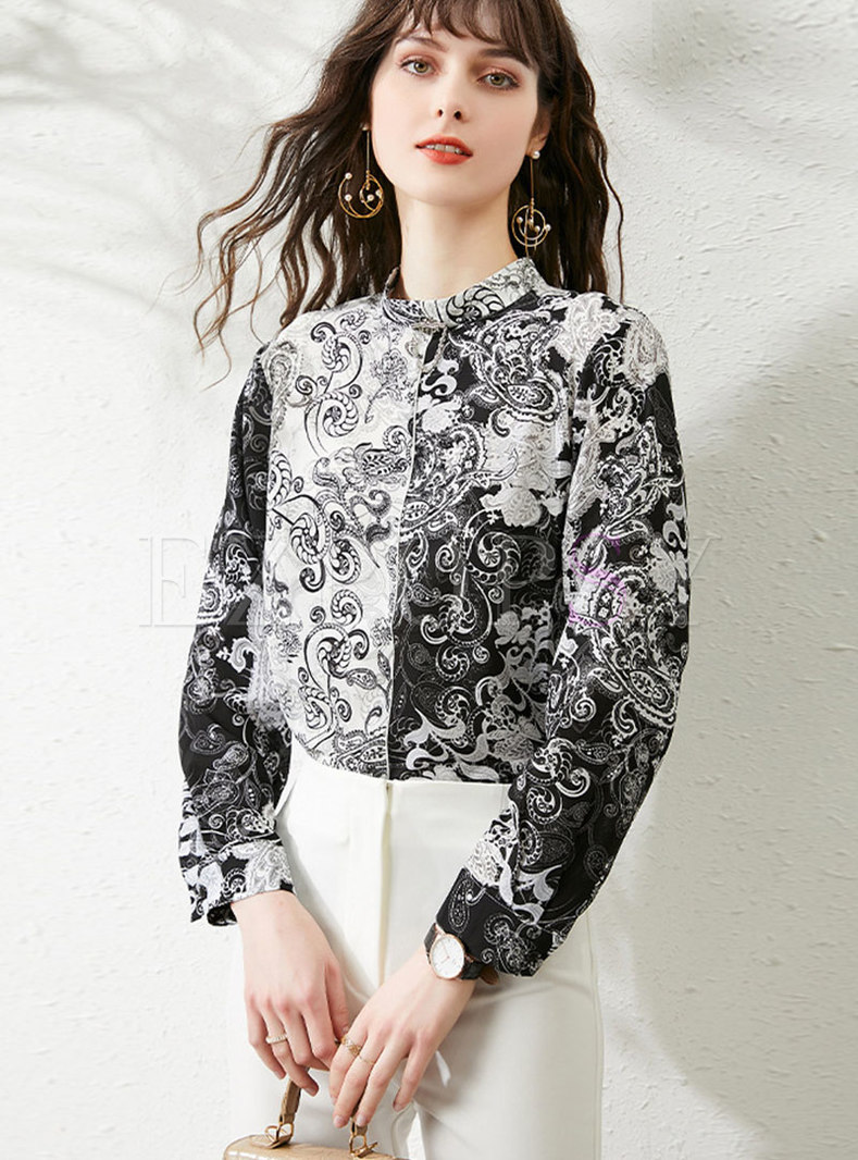 Mock Neck Ink Print Single-breasted Blouse