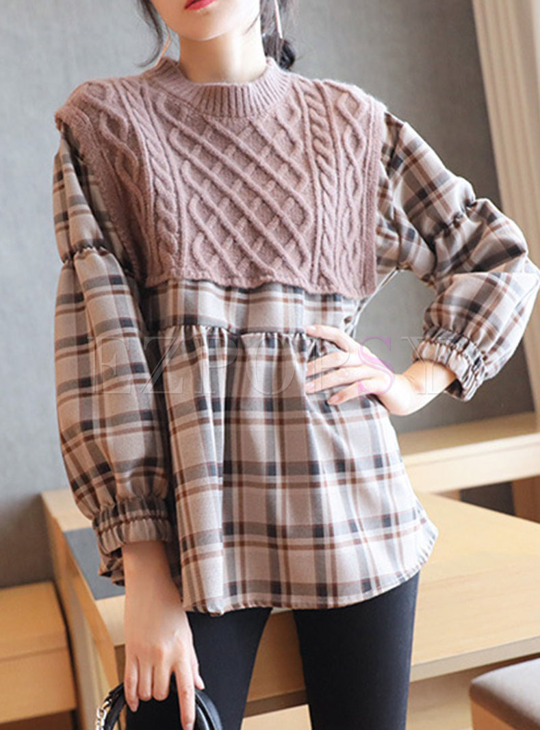 Knitted Patchwork Plaid Lantern Sleeve Blouse