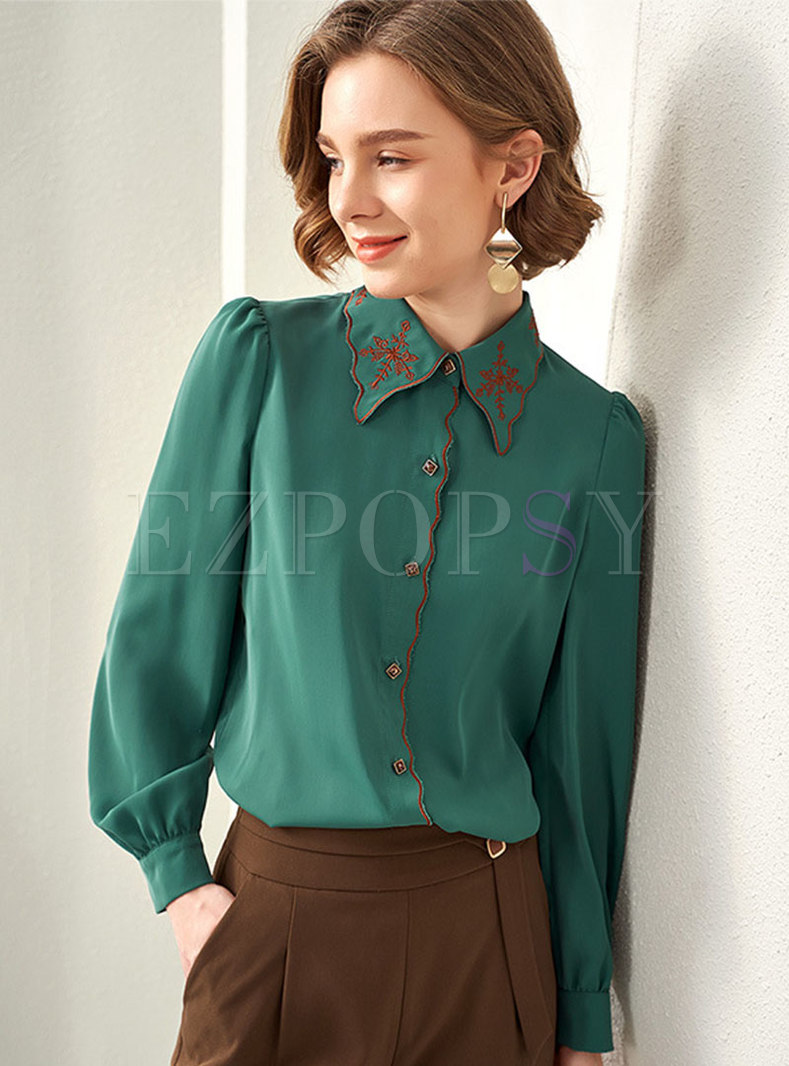 Turn Down Collar Embroidered Brief Blouse