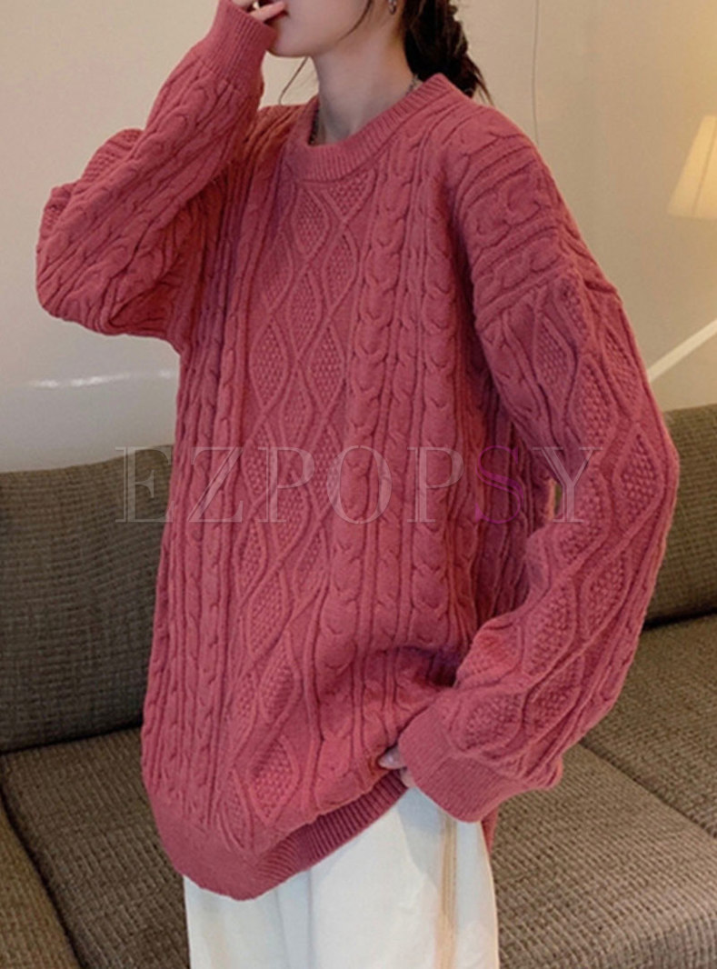 Long Sleeve Pullover Cable-knit Loose Sweater