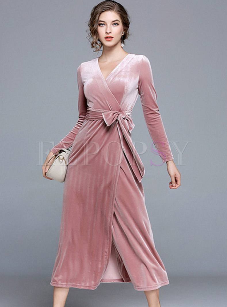 Pink V-neck Velvet A Line Wrap Maxi Dress