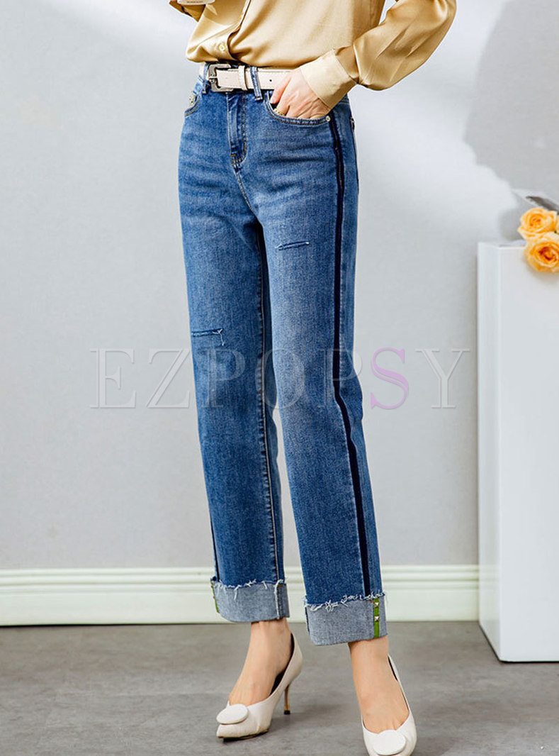 Ripped Fringed Straight Denim Pants With Belt