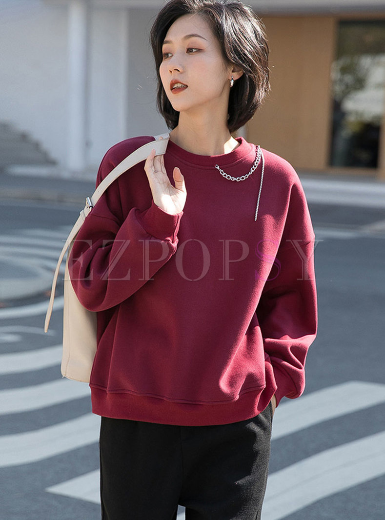 Casual Pullover Loose Sweatshirt With Chain