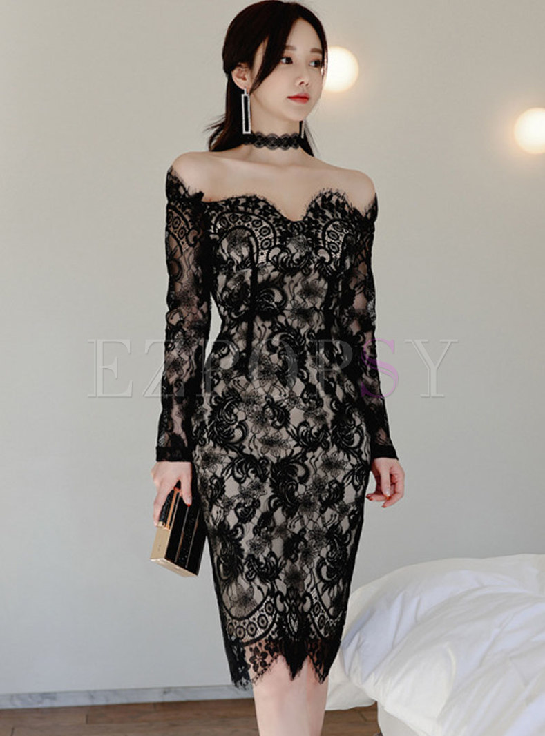 off shoulder black lace dress with white underlining