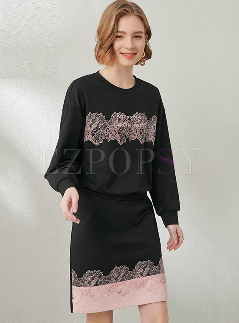 Casual Lace Embroidered Sweatshirt Skirt Suits