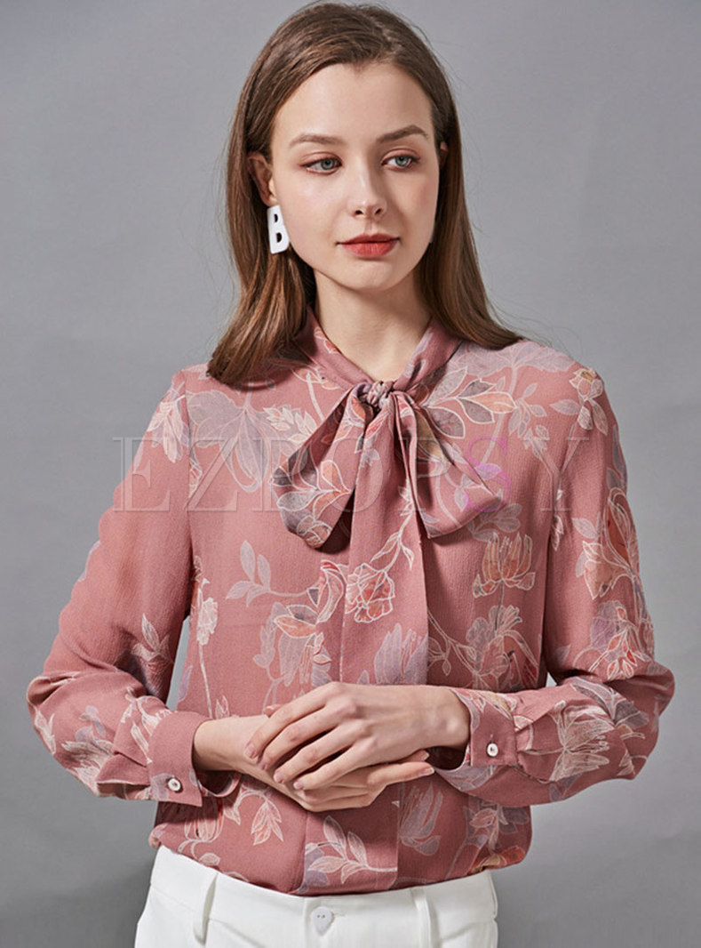 Tops | Blouses | Bowknot Mock Neck Print Silk Blouse