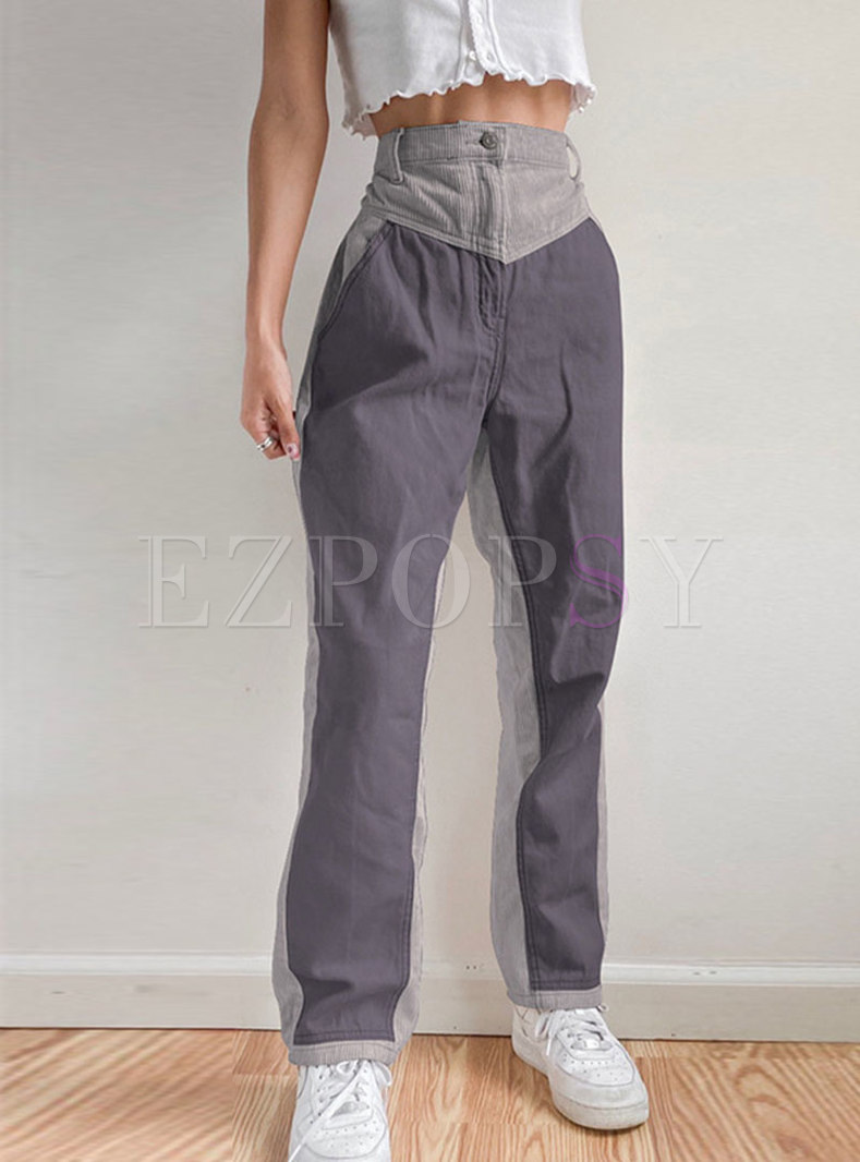 High Waisted Patchwork Corduroy Straight Pants