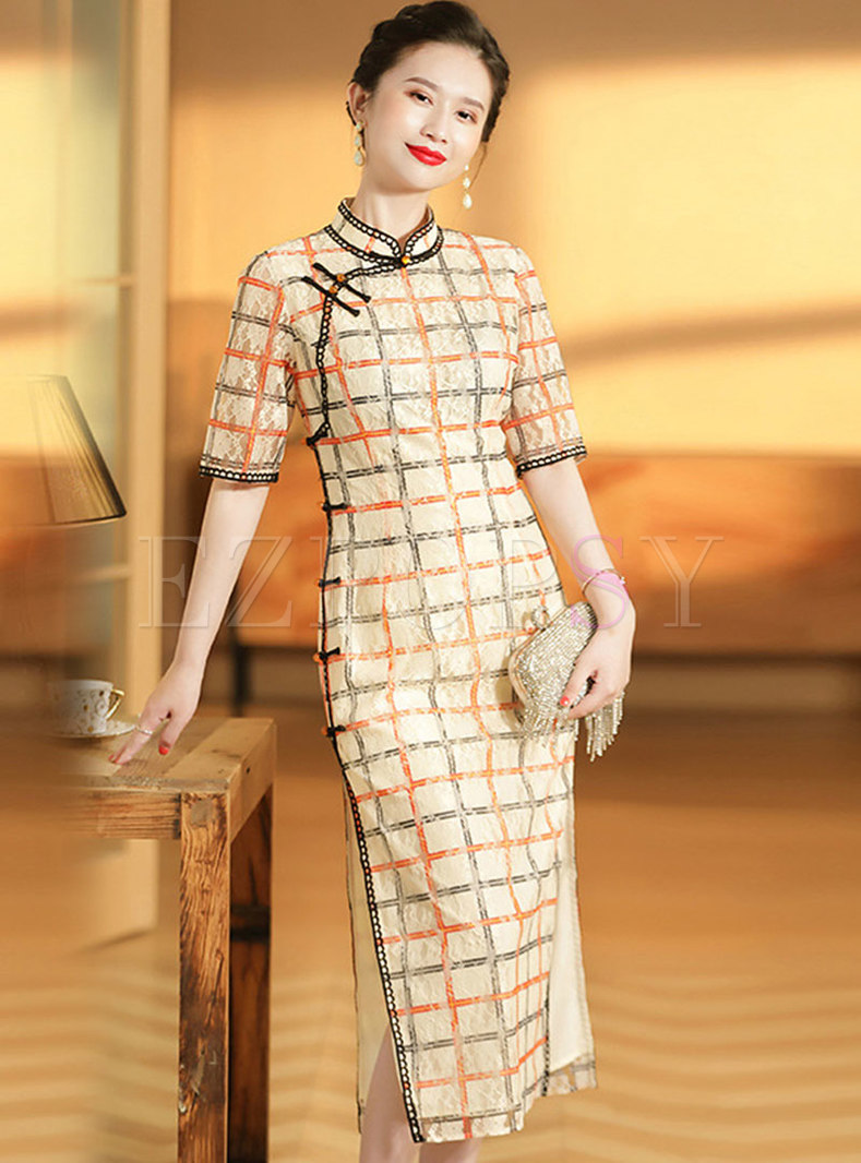 Mandarin Collar Plaid Lace Cheongsam Dress