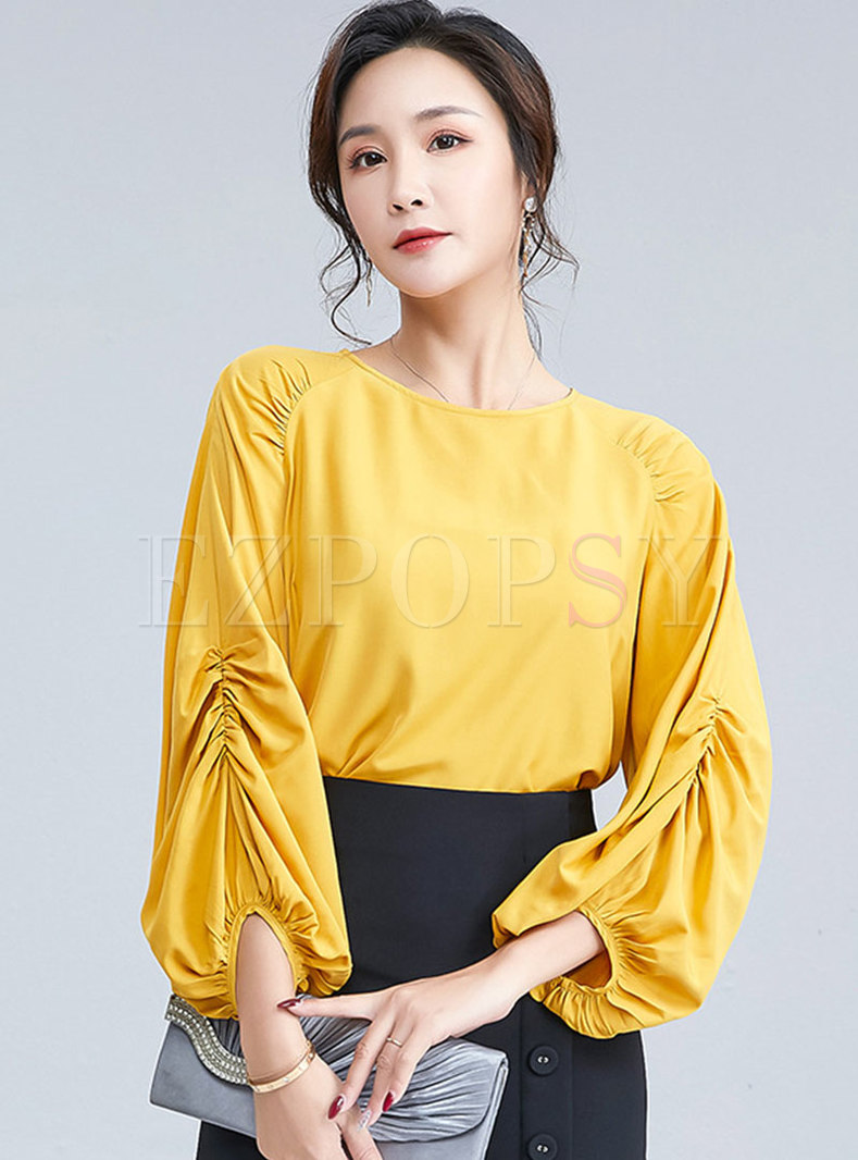 Tops | Blouses | Crew Neck Raglan Sleeve Ruched Chiffon Blouse