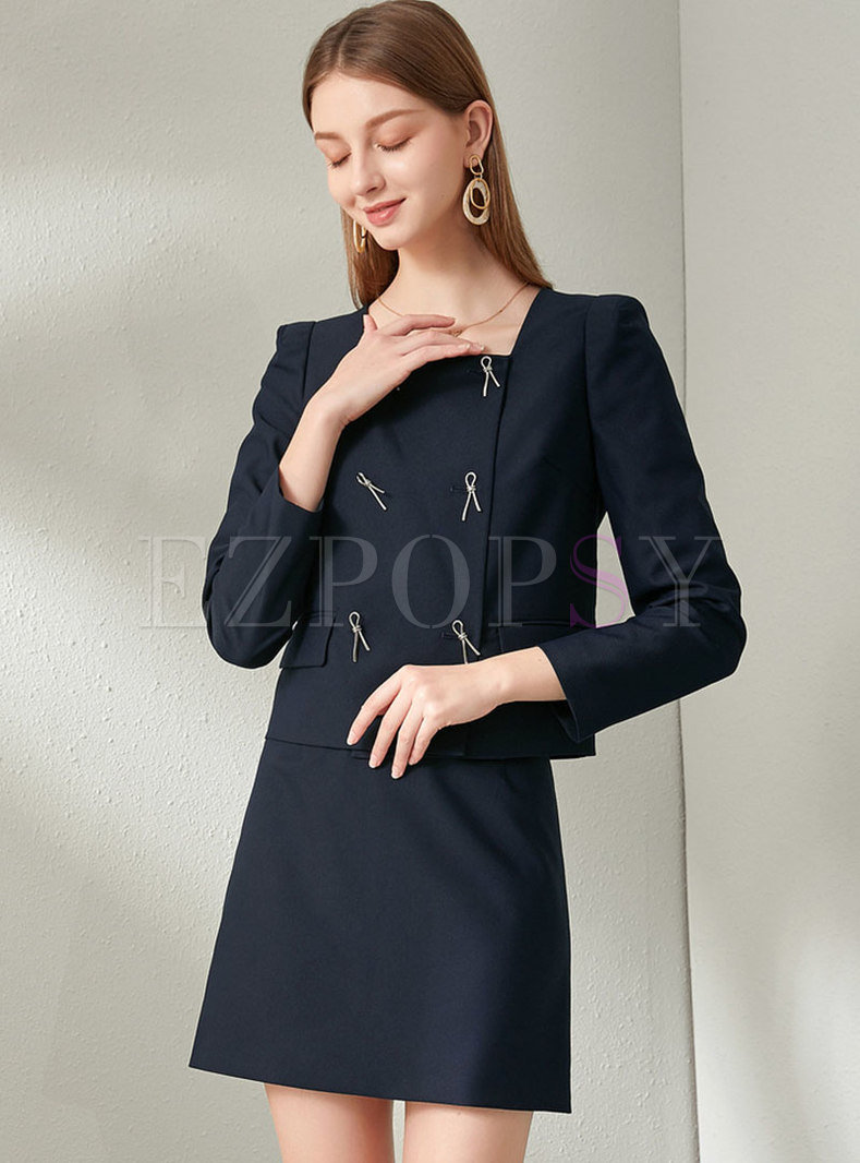 Brief Square Neck Bowknot Mini Skirt Suits