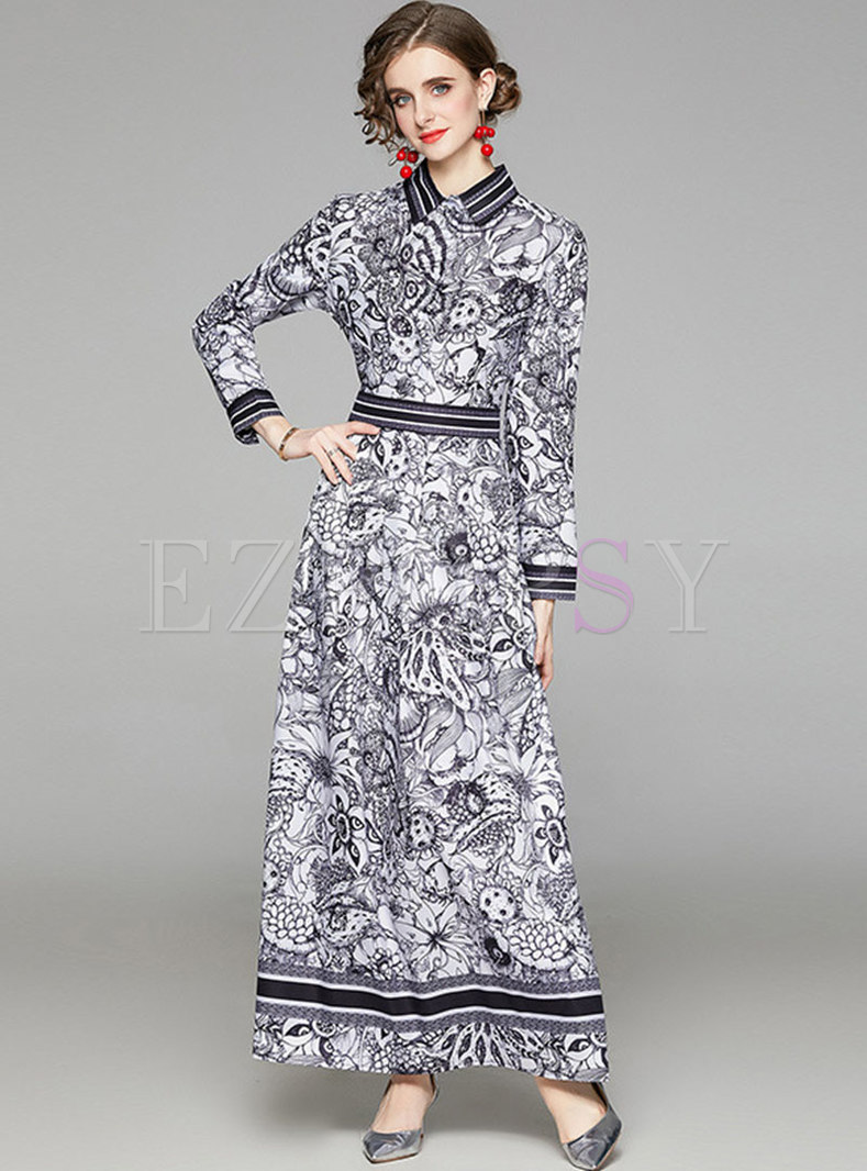Retro Long Sleeve Print Big Hem Maxi Dress