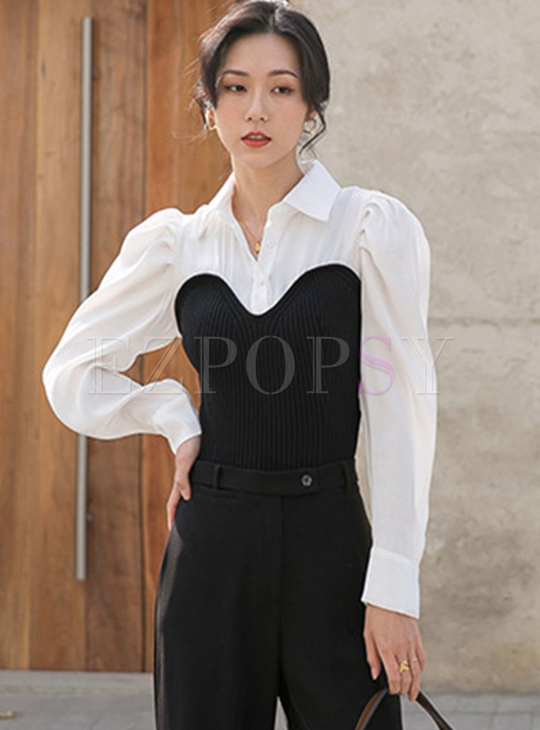 Lapel Knitted Patchwork Pullover Blouse