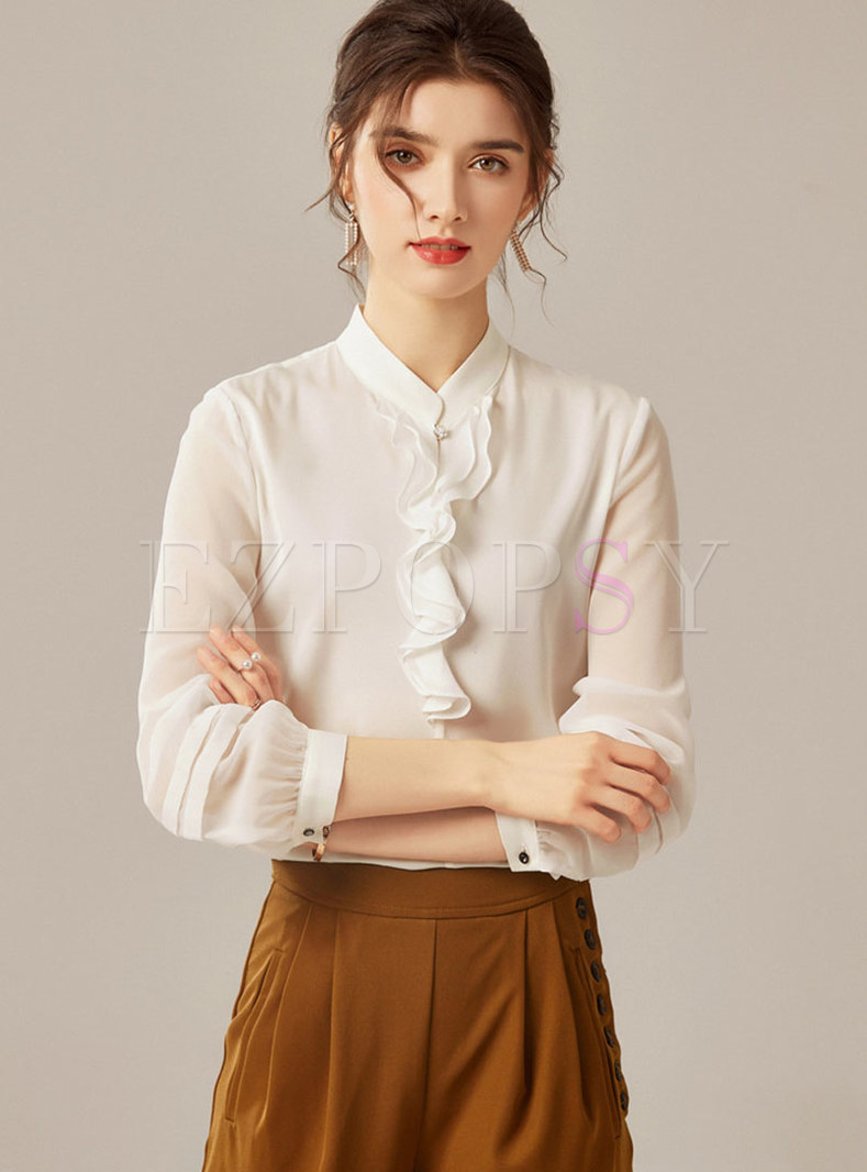 Tops | Blouses | Mock Neck Ruffle Single-breasted Silk Blouse