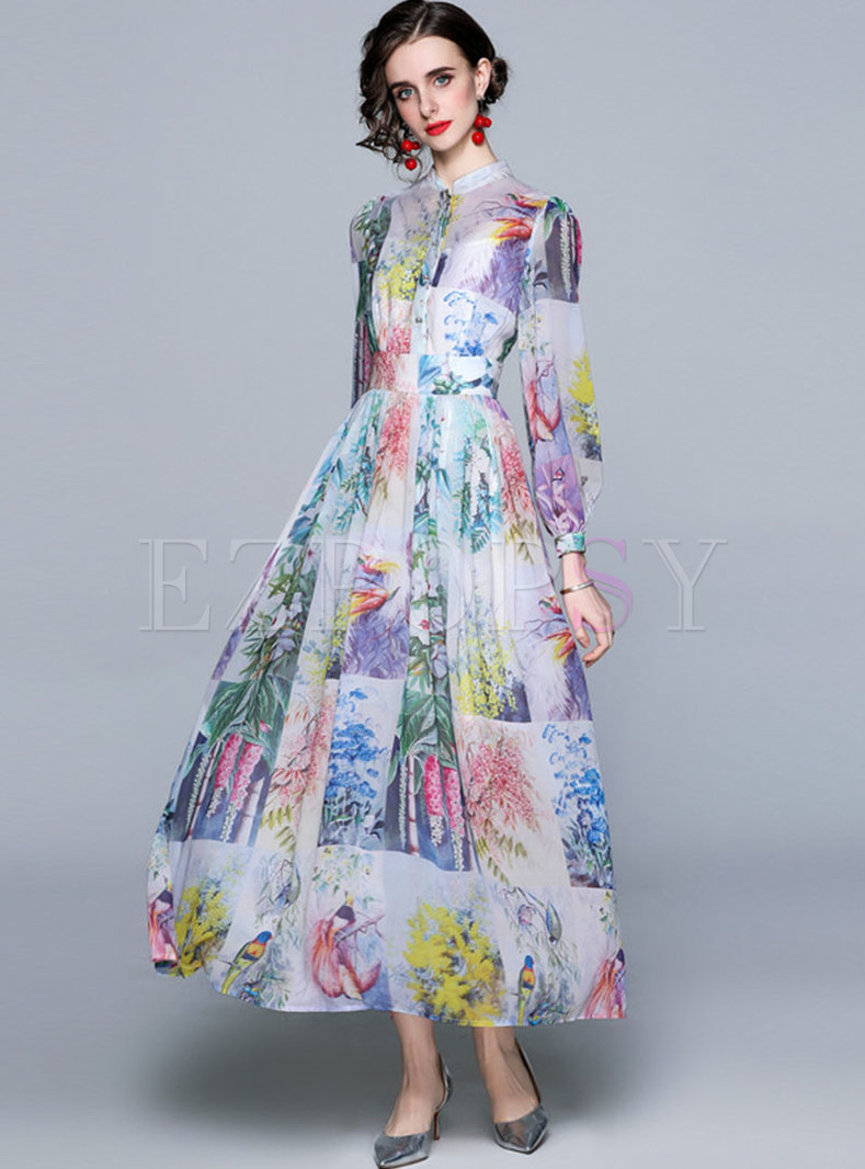 Dresses | Maxi Dresses | Mock Neck Puff Sleeve Print Chiffon Maxi Dress
