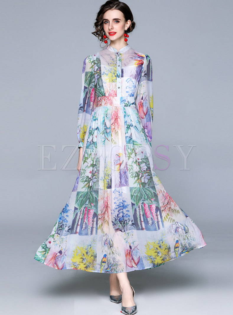 Dresses | Maxi Dresses | Mock Neck Puff Sleeve Print Chiffon Maxi Dress
