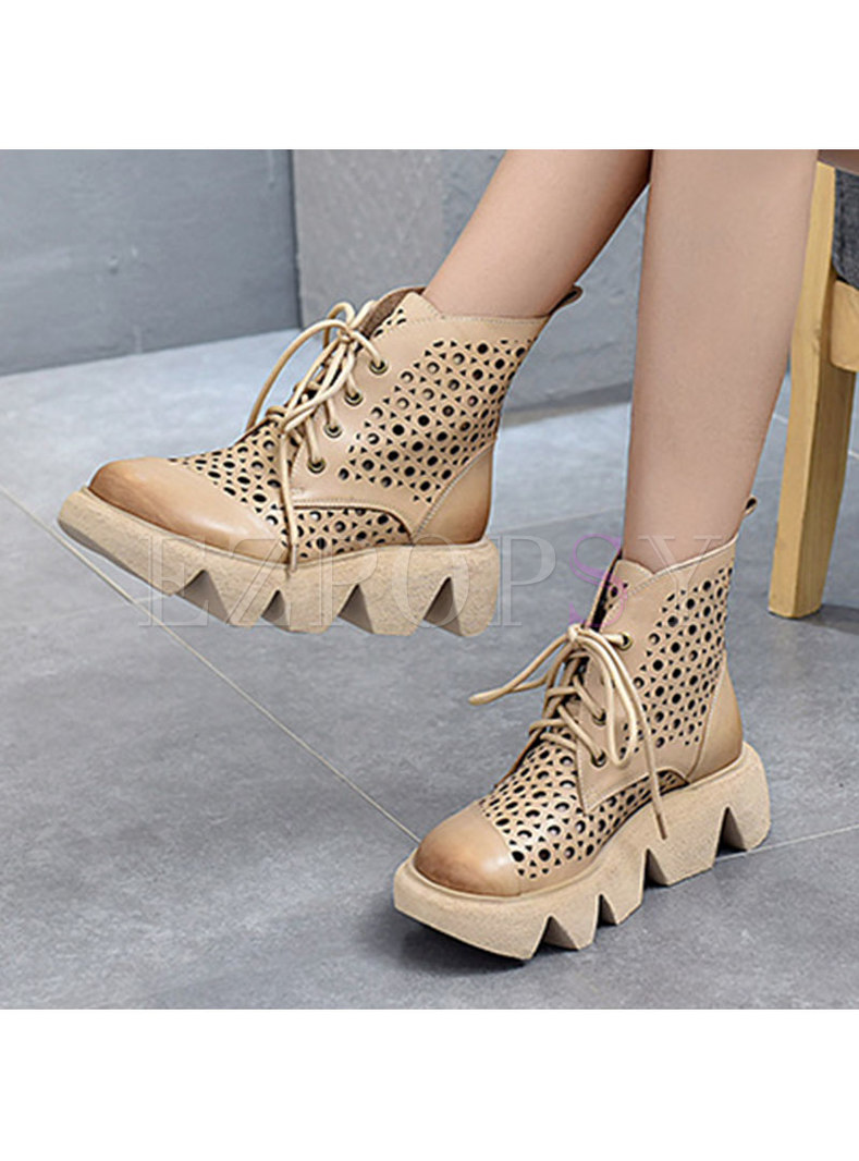 Rounded Toe Lace-up Openwork Platform Ankle Boots
