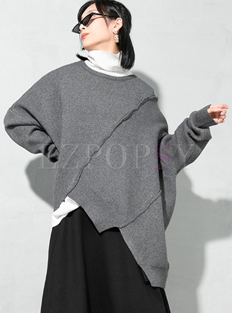 Crew Neck Plus Size Asymmetric Pullover Sweater