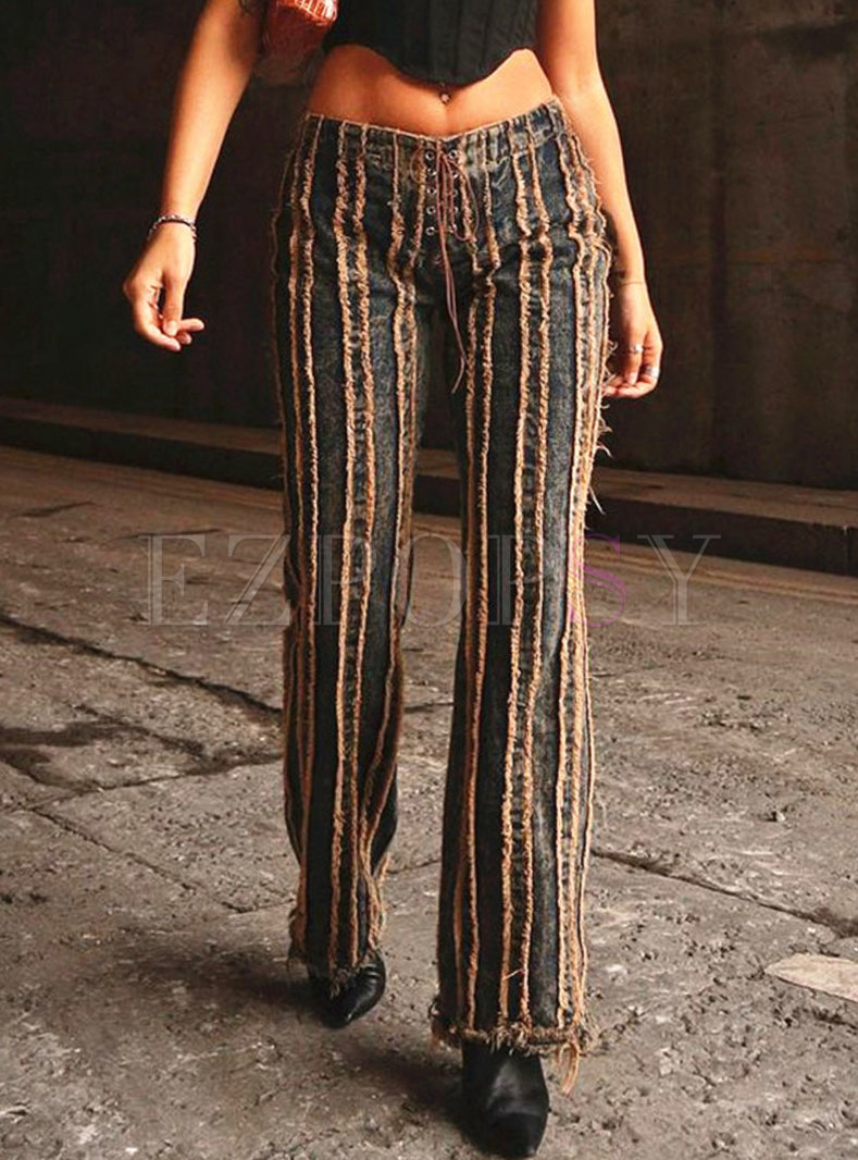 High Waisted Stripe Fringed Straight Pants
