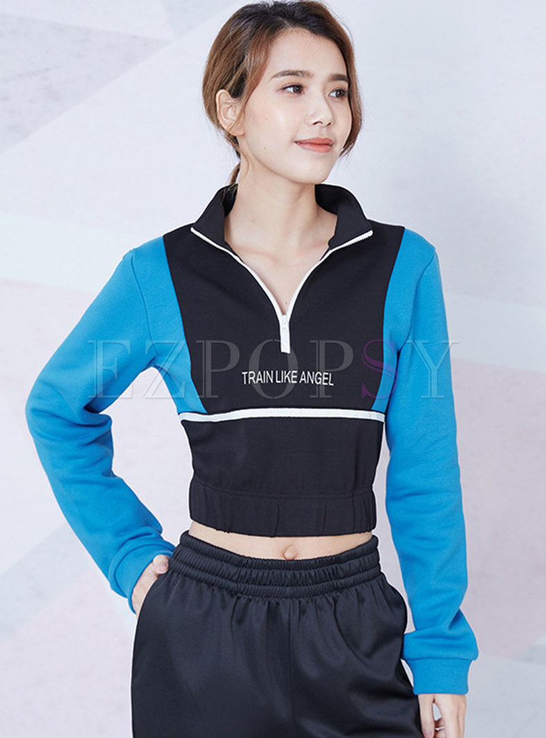 Mock Neck Color-blocked Fitness Cropped Top