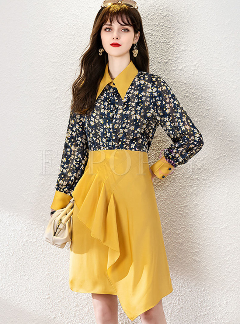 Color-blocked Print Ruffle A Line Skirt Suits