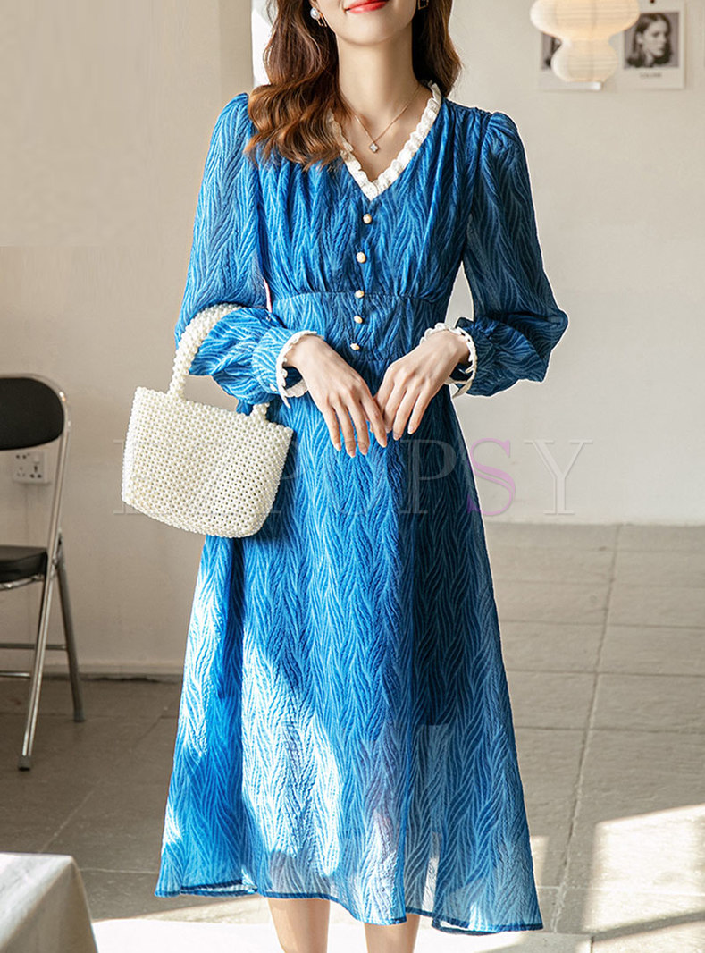 Color-blocked V-neck Lace Midi Dress 