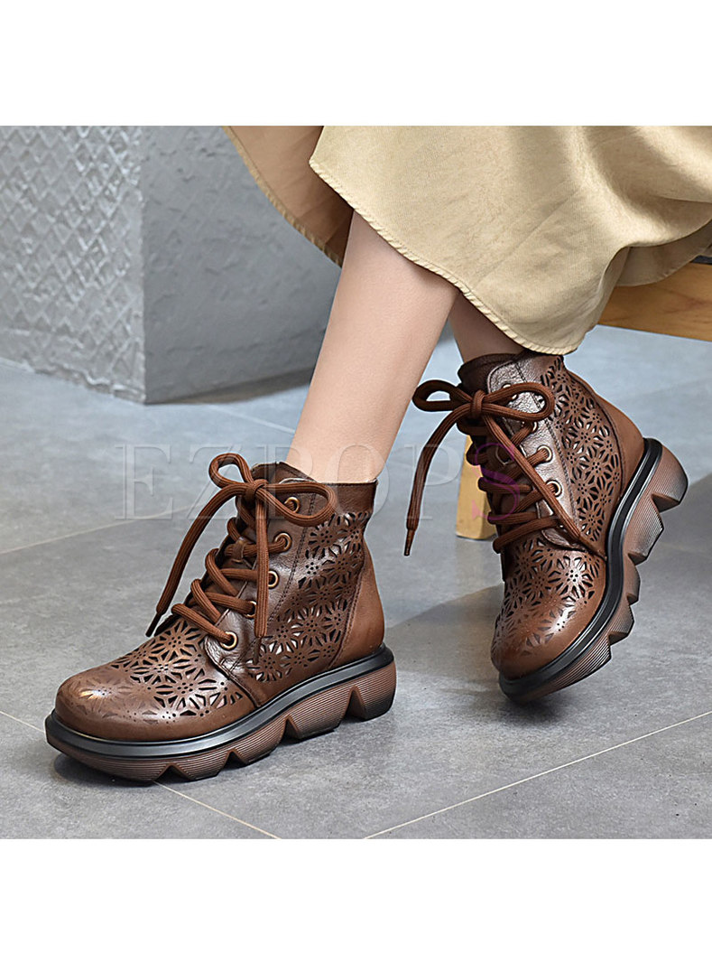 Rounded Toe Lace-up Platform Ankle Boots