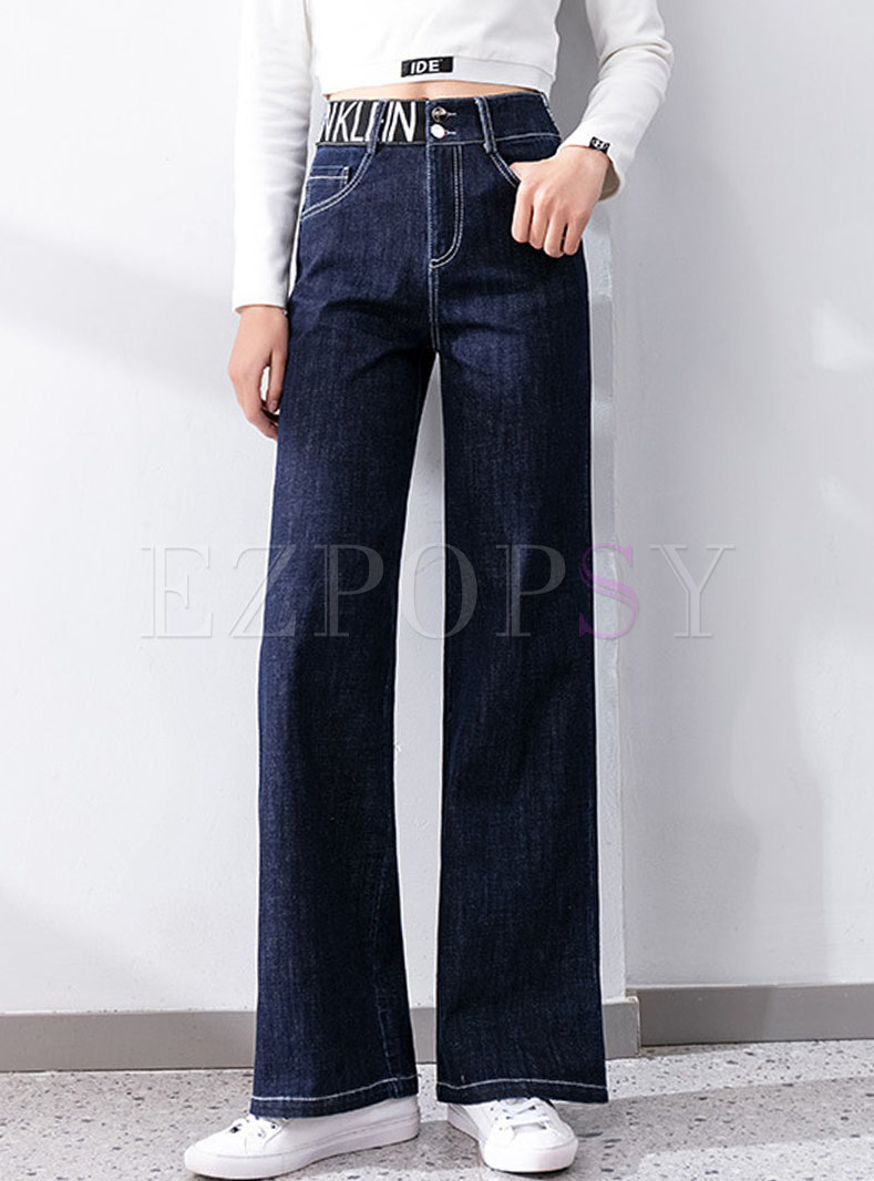 Letter Print High Waisted Wide Leg Jeans