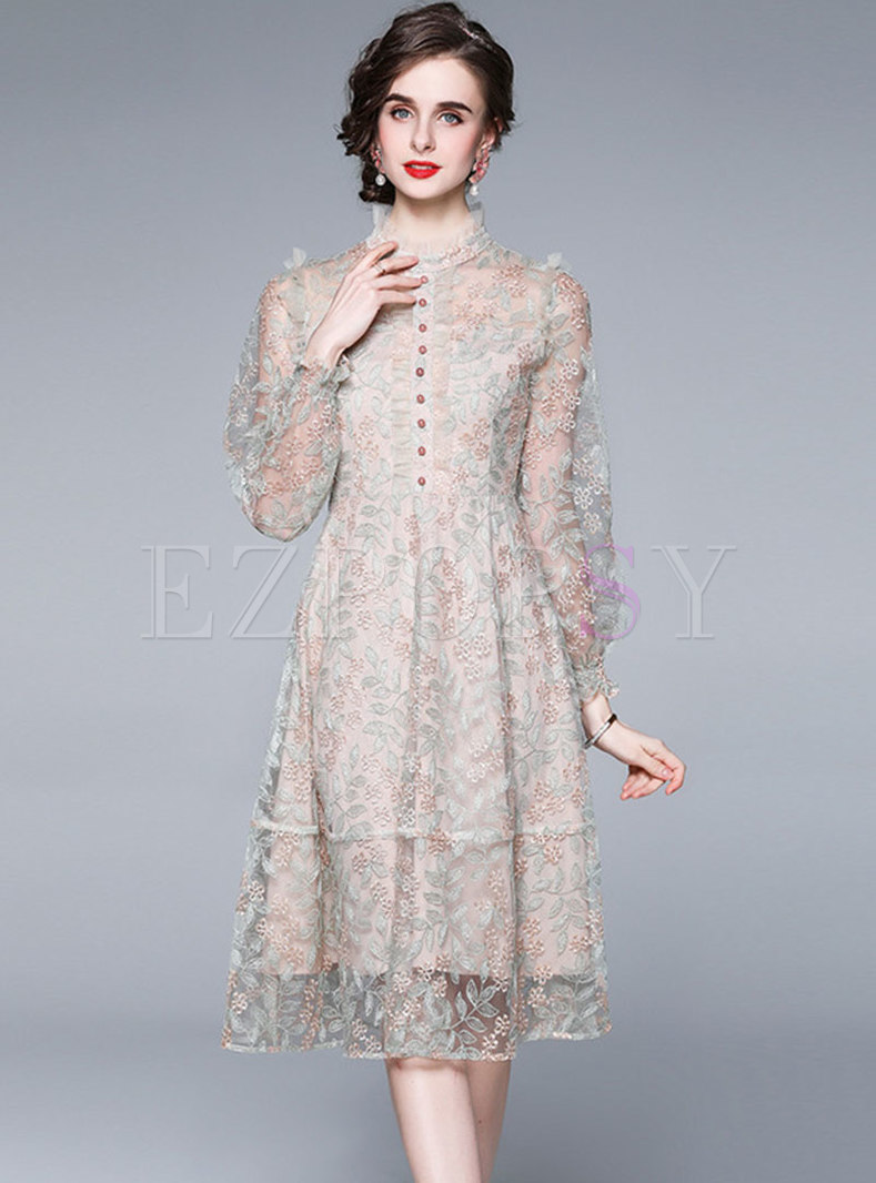 Sweet Transparent Mesh Embroidered Midi Dress