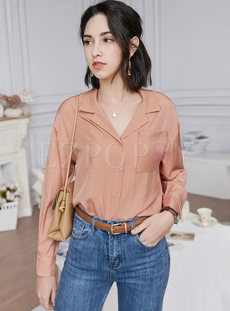 Lapel Solid Single-breasted Loose Blouse