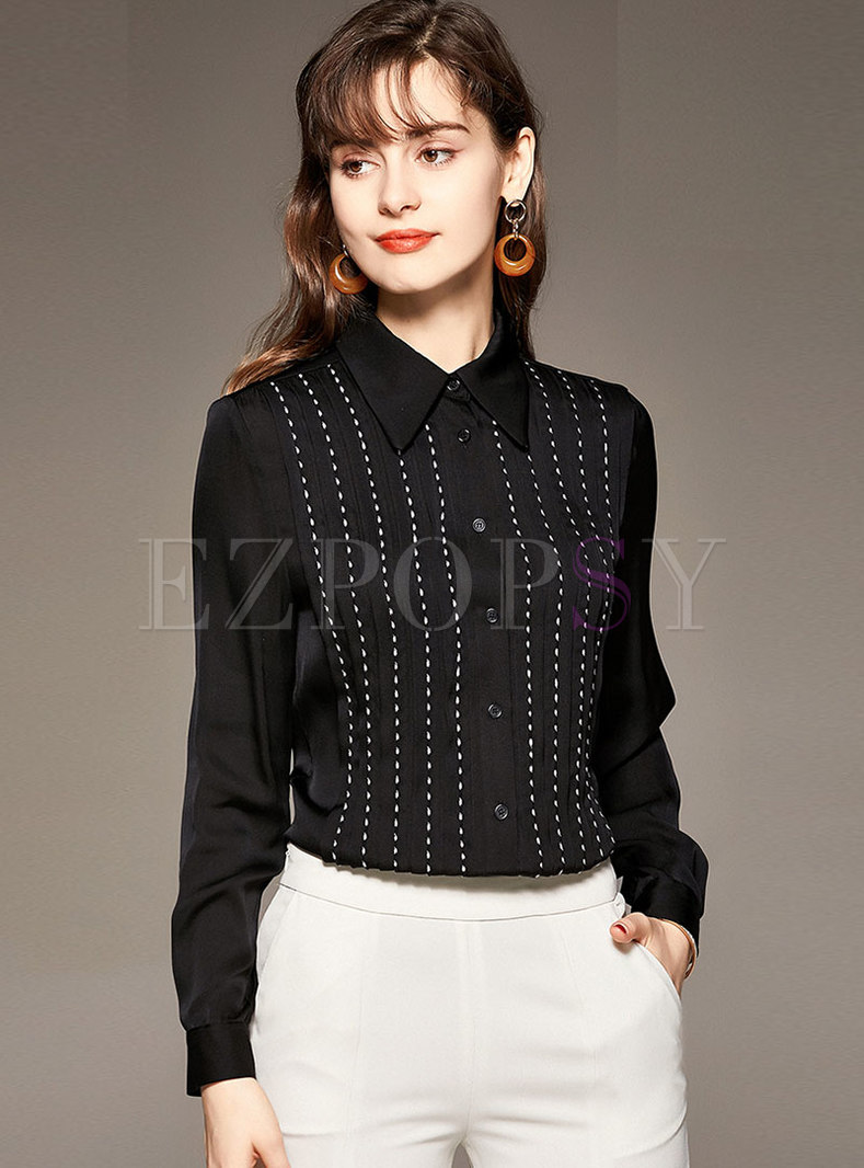 Black Long Sleeve Silk Ruched Shirt