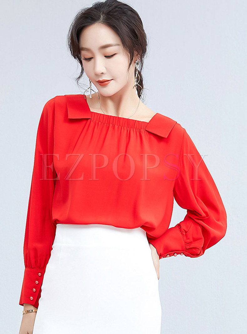Long Sleeve Ruched Solid Pullover Blouse
