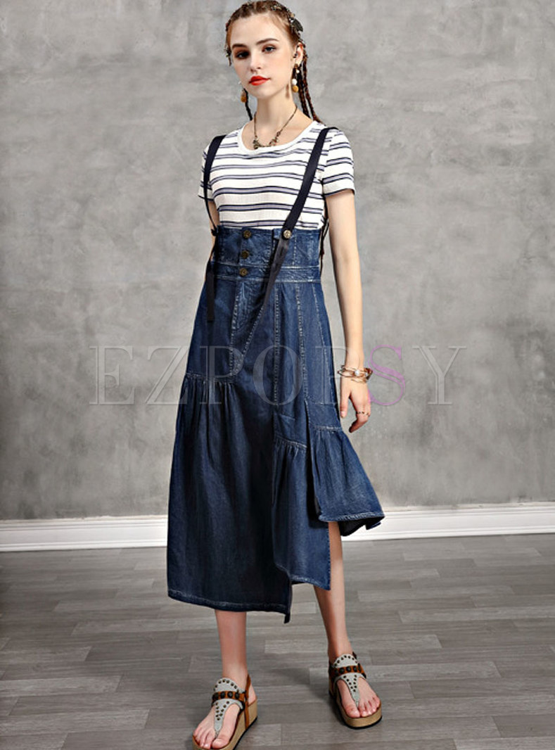 Striped Pullover Slim T-shirt & Denim A Line Skirt