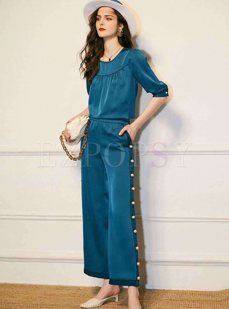Solid Satin Pearl Wide Leg Pant Suits