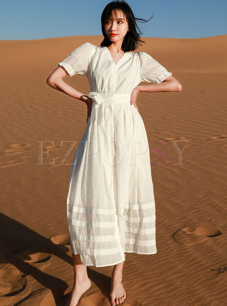 White V-neck Short Sleeve Long Beach Dress