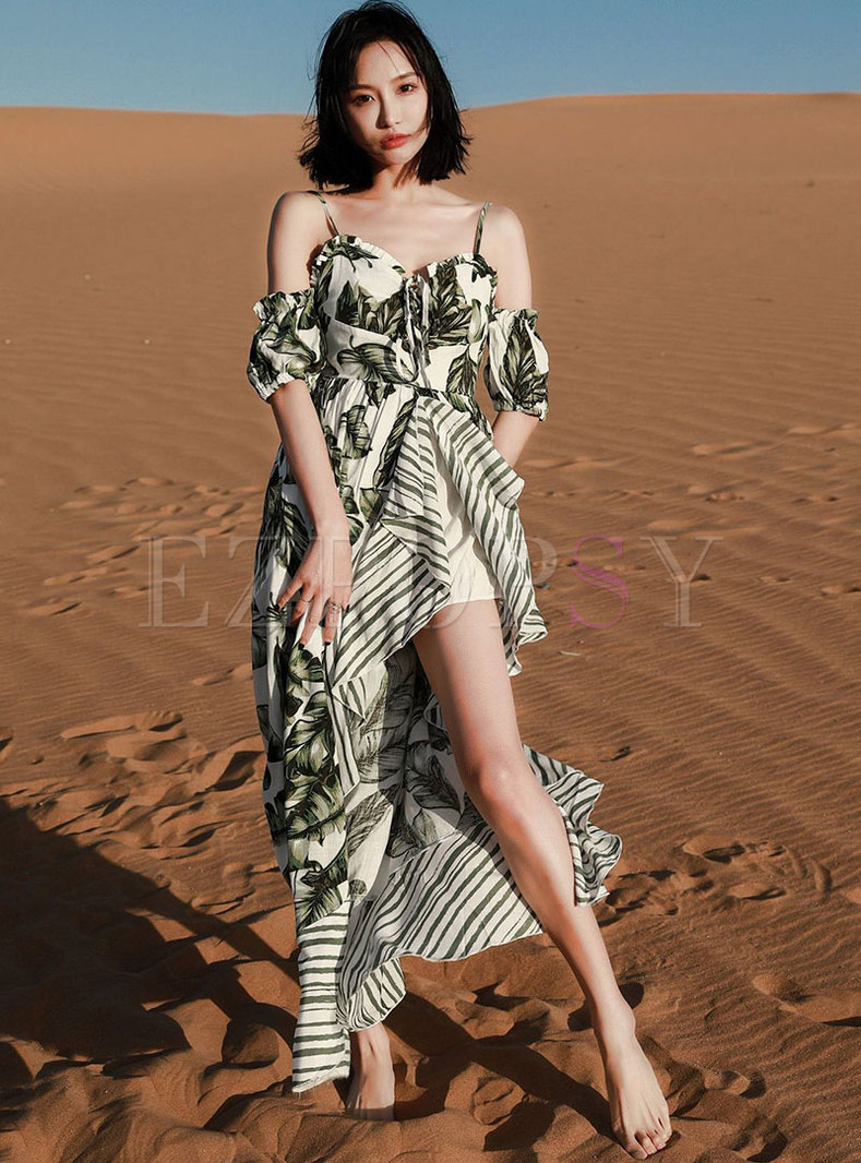 Print Asymmetric Big Hem Beach Maxi Dress
