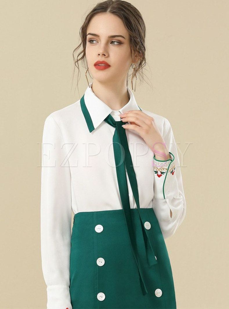 Color-blocked Bowknot Embroidered Chiffon Blouse