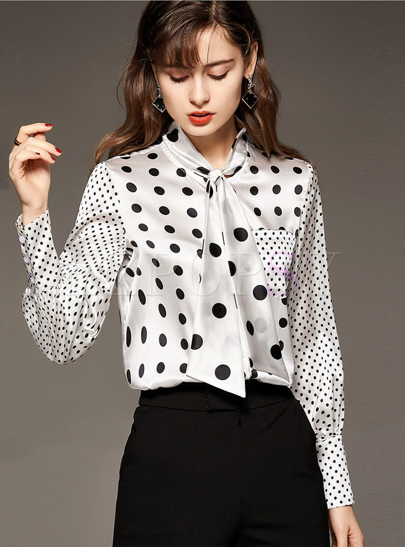 Tops | Blouses | Bowknot Ribbon Polka Dot Silk Blouse