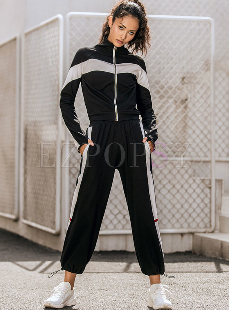 Mock Neck Striped Patchwork Daily Sweat Suits