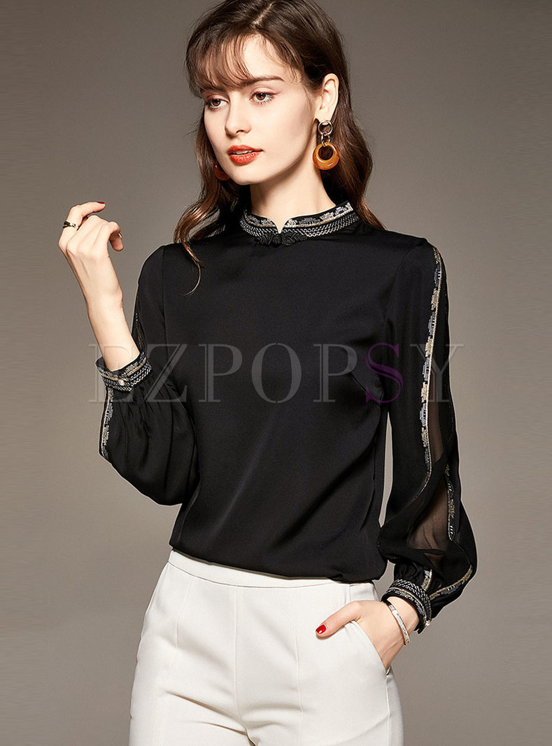 Tops | Blouses | Mock Neck Embroidered Silk Pullover Blouse