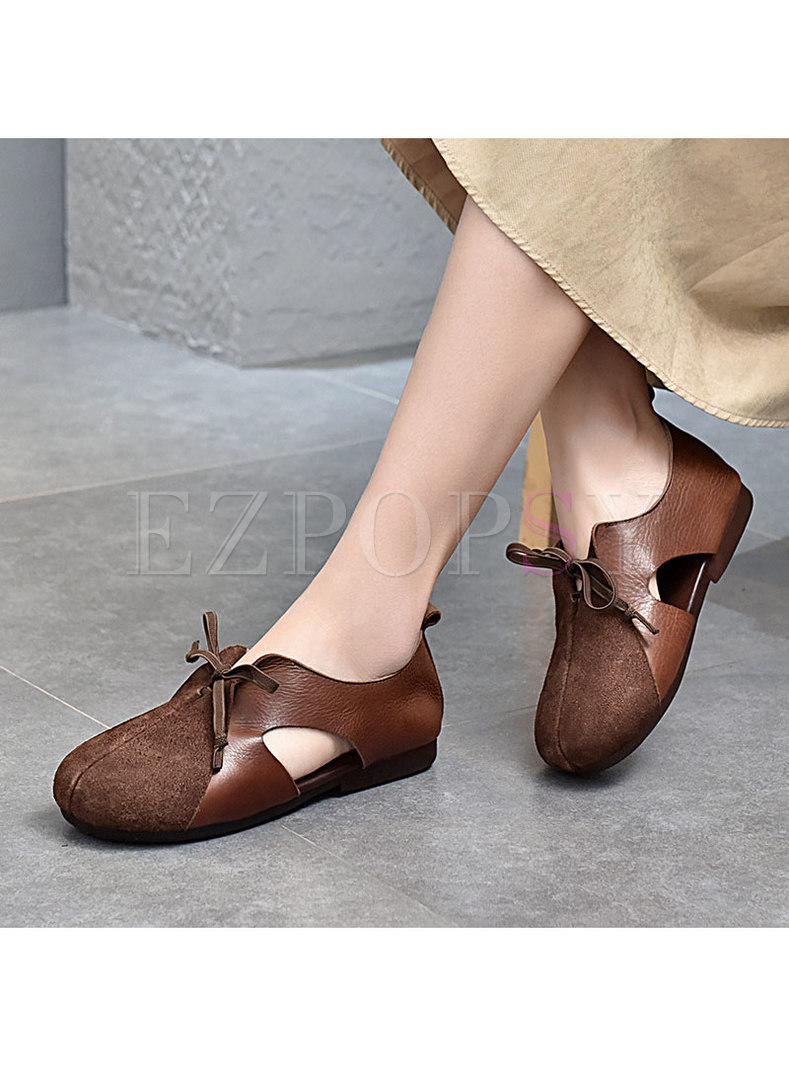 Rounded Toe Openwork Lace-up Loafers