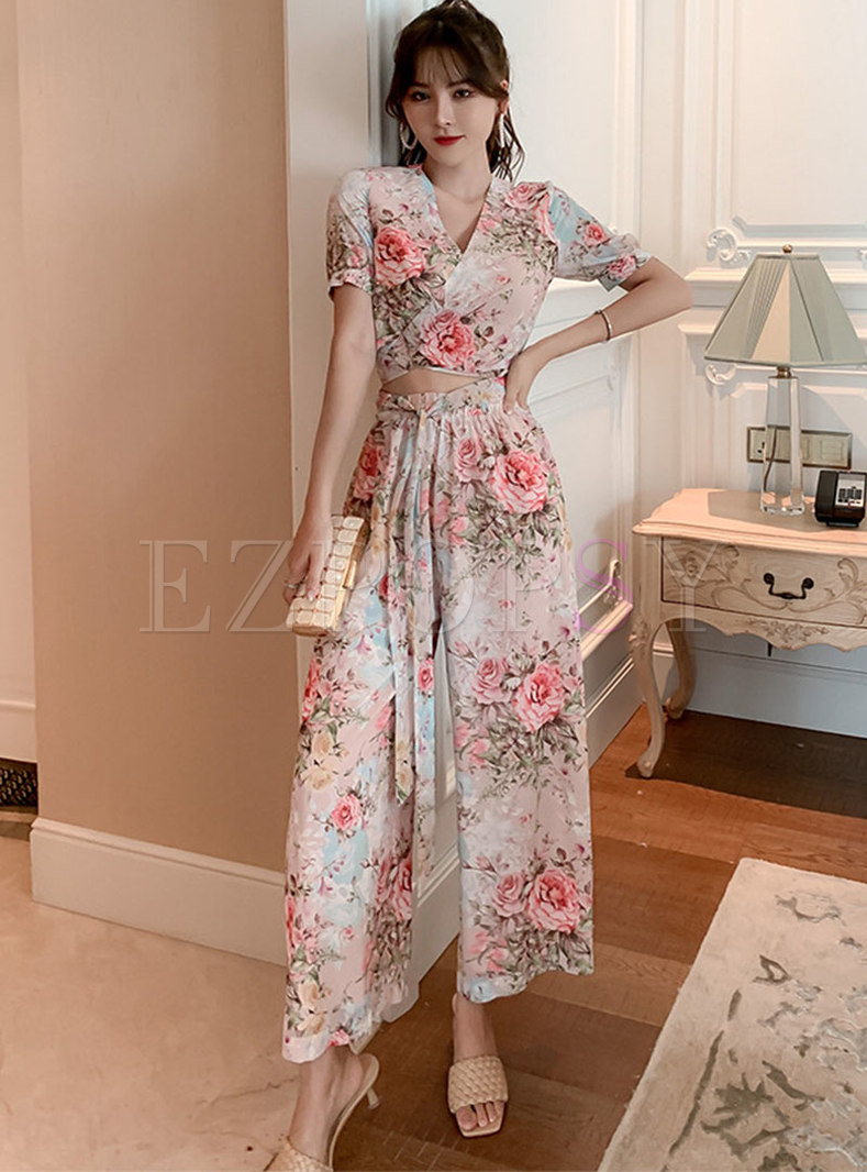 Print Short Sleeve High Waisted Palazzo Pant Suits