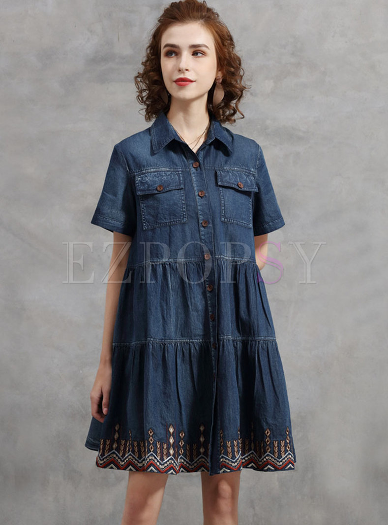 Plus Size Embroidered Patchwork Denim Mini Dress