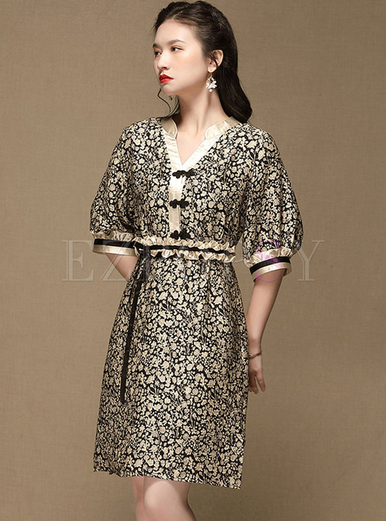 V-neck Print Patchwork Improved Cheongsam Dress