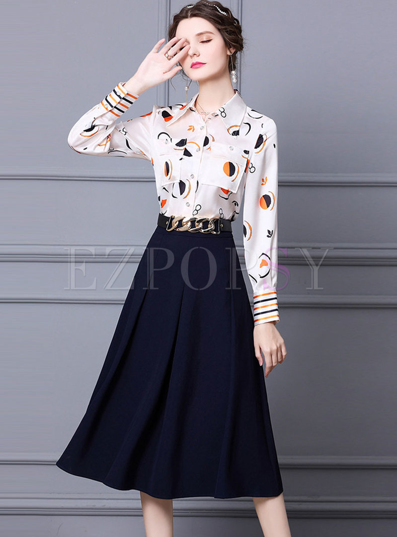 Color Block Polka Dot Shirt & Pleated Long Skirt